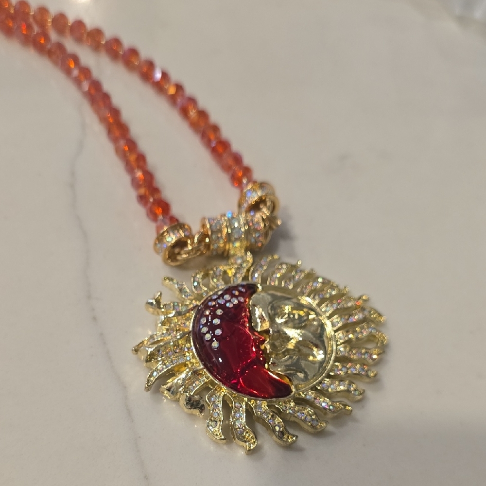 Gold and Red Sun and Moon Pendant Necklace
